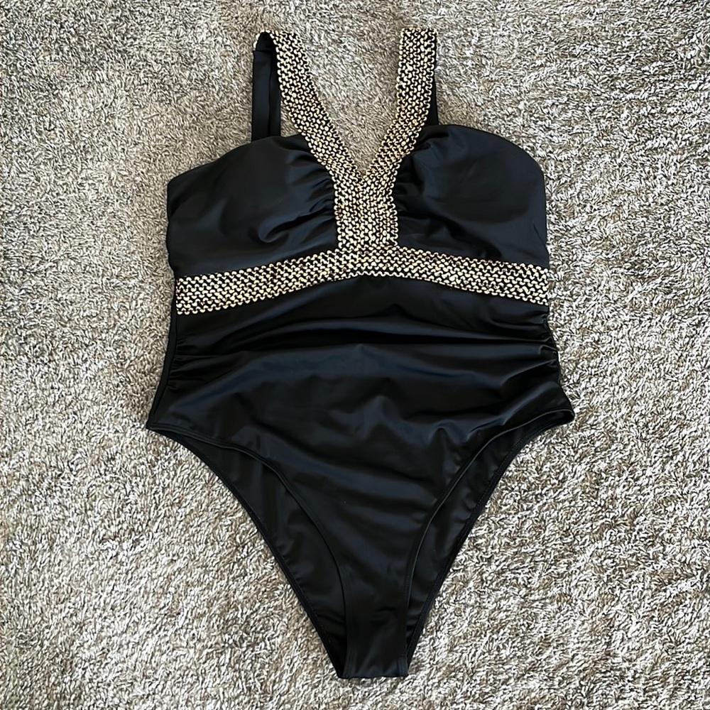 SHEIN Black Halter Swimsuit with Gold Accent